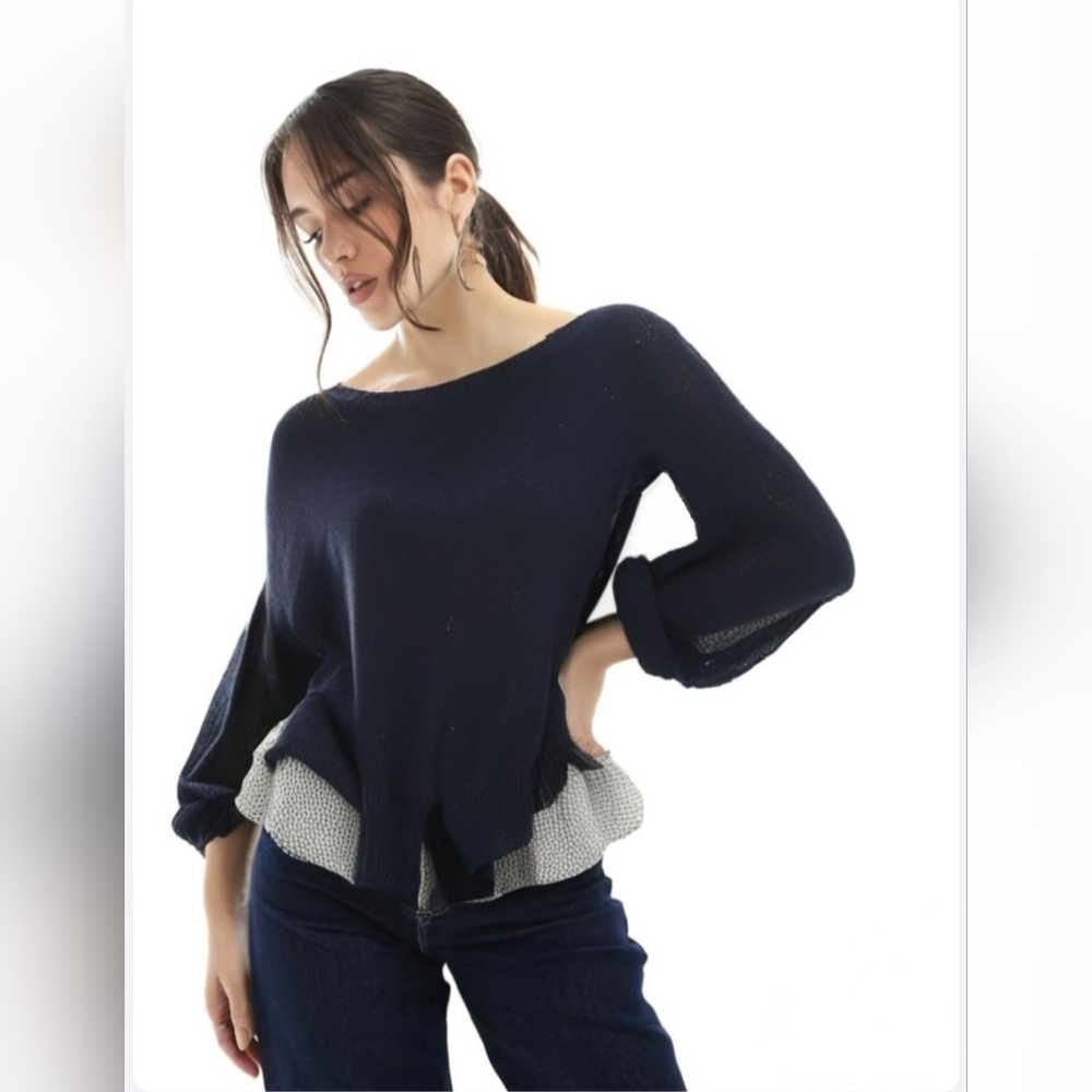 NWT Doe & Rae Navy Blue Twofer Sweater With Polka Dot Hem